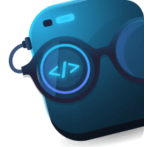 Lary the robot head with HTML tag reflection in his goggles.